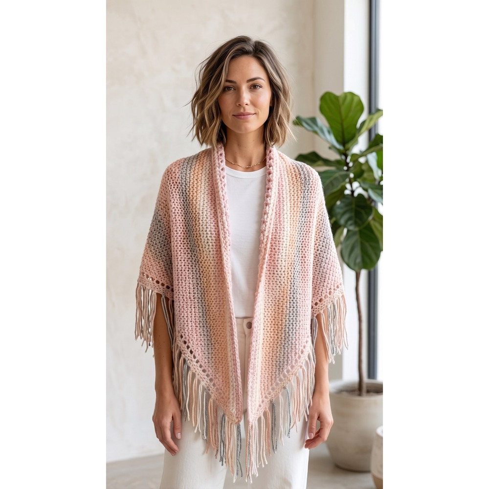 NEW Pink Peach Gray Hand Knitted Shawl Wrap Boho Chunky Fairy Cottage Artsy